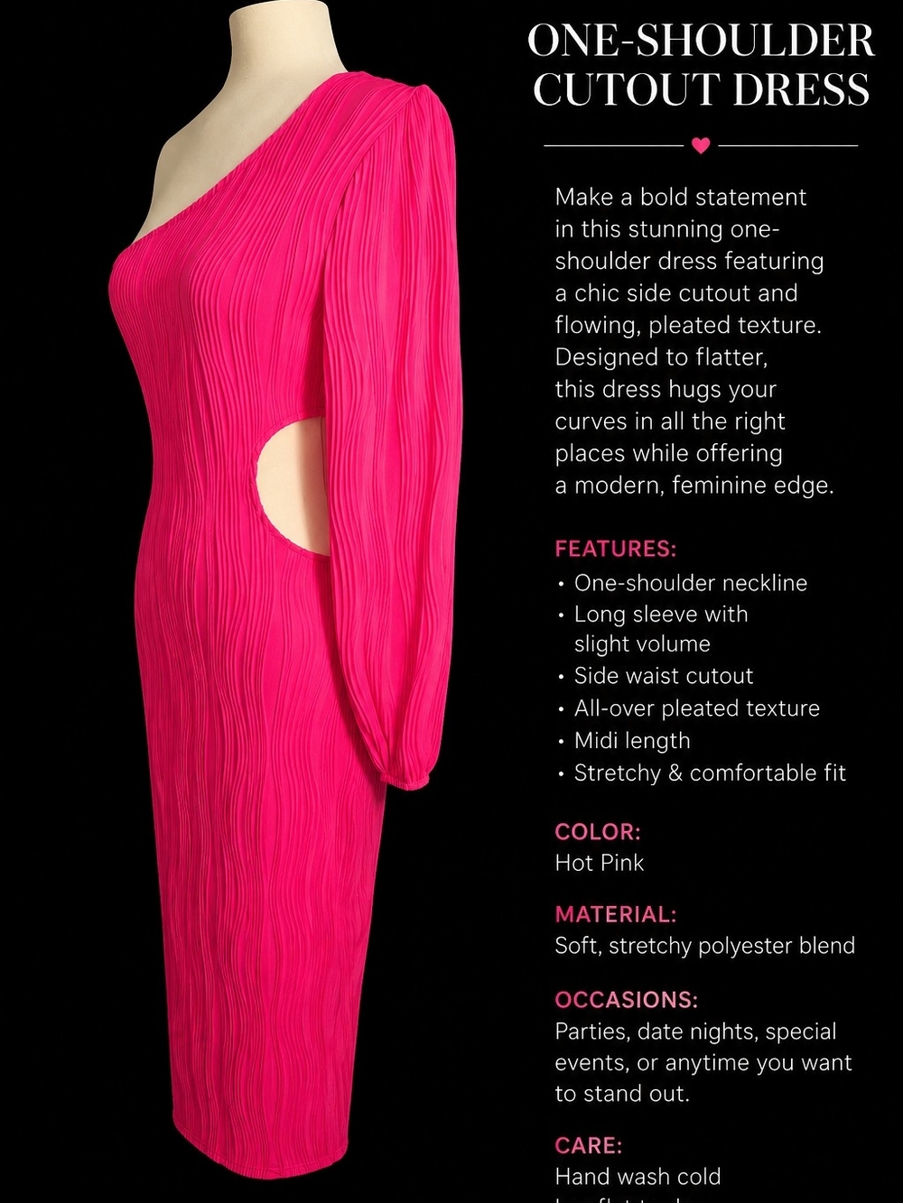 One-Shoulder Hot Pink Pleated Cutout Midi Dress